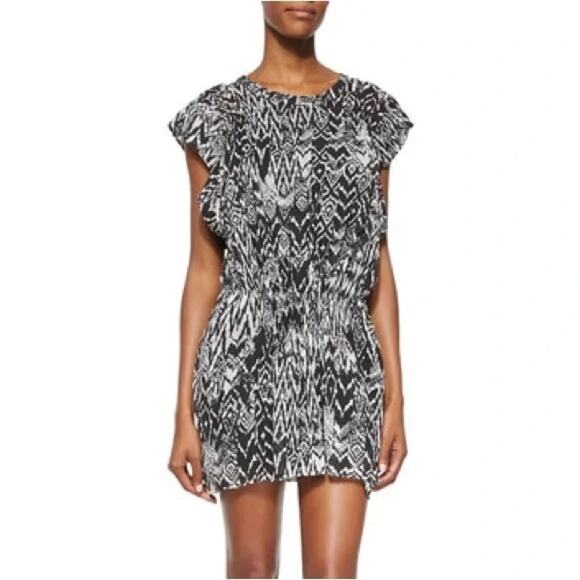 NWOT IRO Dress 36/US 4 Geo Print Sheer Ruched Crinkle Shirred Knee Lined - Picture 1 of 9